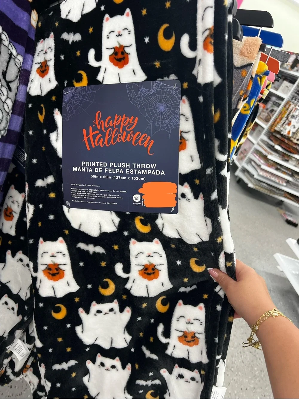 Happy Halloween Black Ghost Cat Plush Throw Blanket